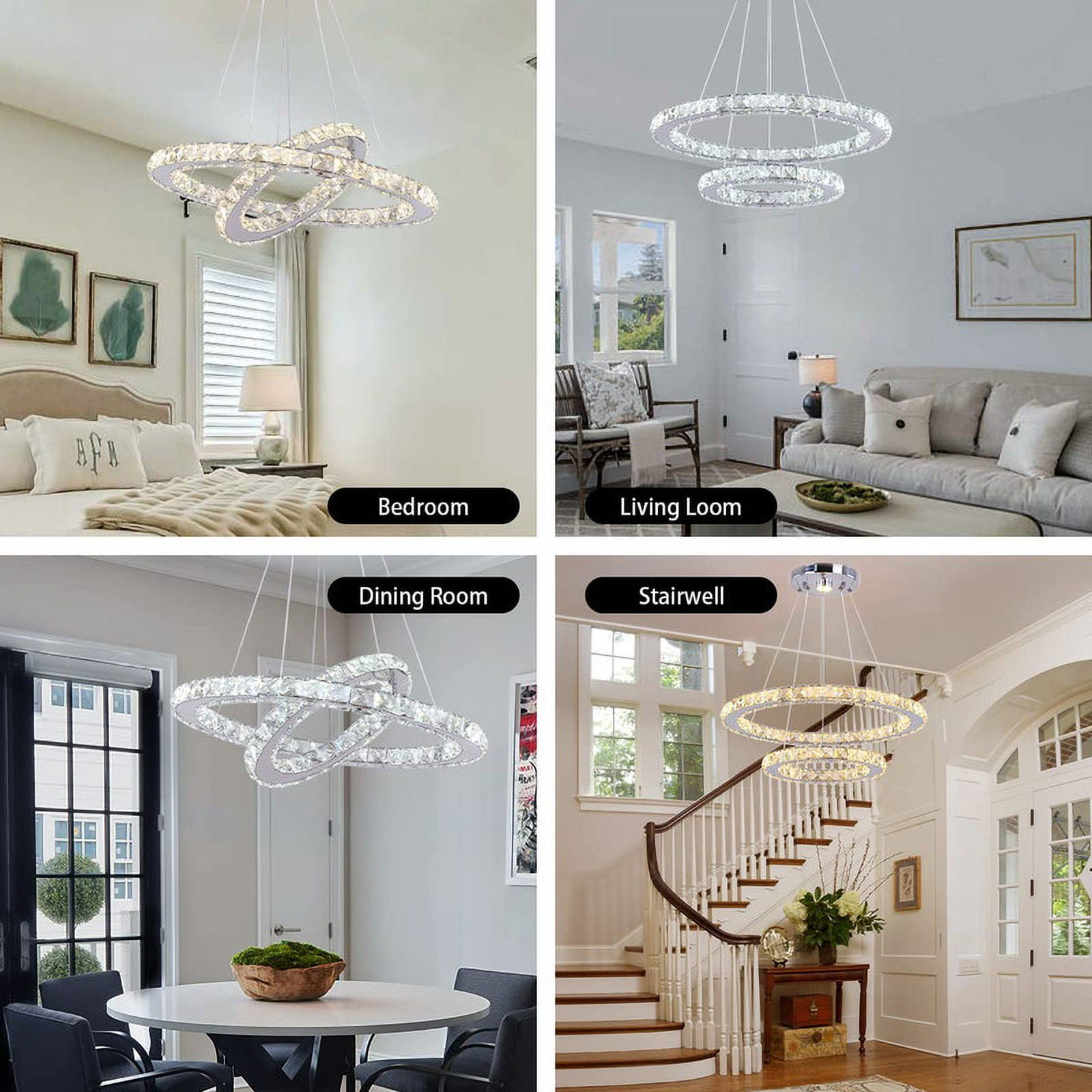 FRIXCHUR LED Modern Crystal Chandelier Ceiling Pendant Light 2 Rings Adjustable Stainless Steel Lighting Fixtures Dining Room Living Room (White)
