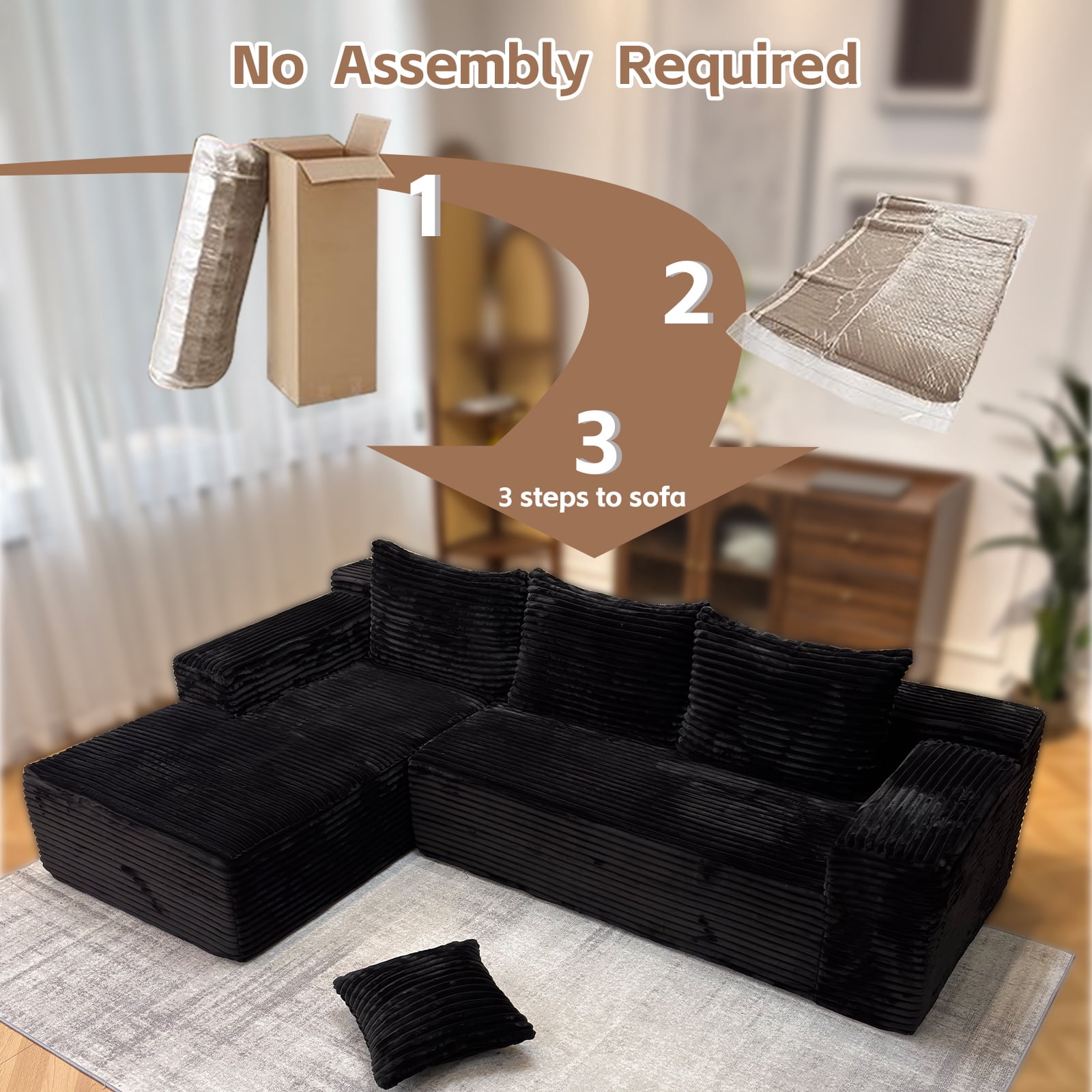 Kelyda 104'' Modular L-Shaped Sectional Sofa, Modern Memory Foam Deep Seat Corduroy Boneless Cloud Couch Black