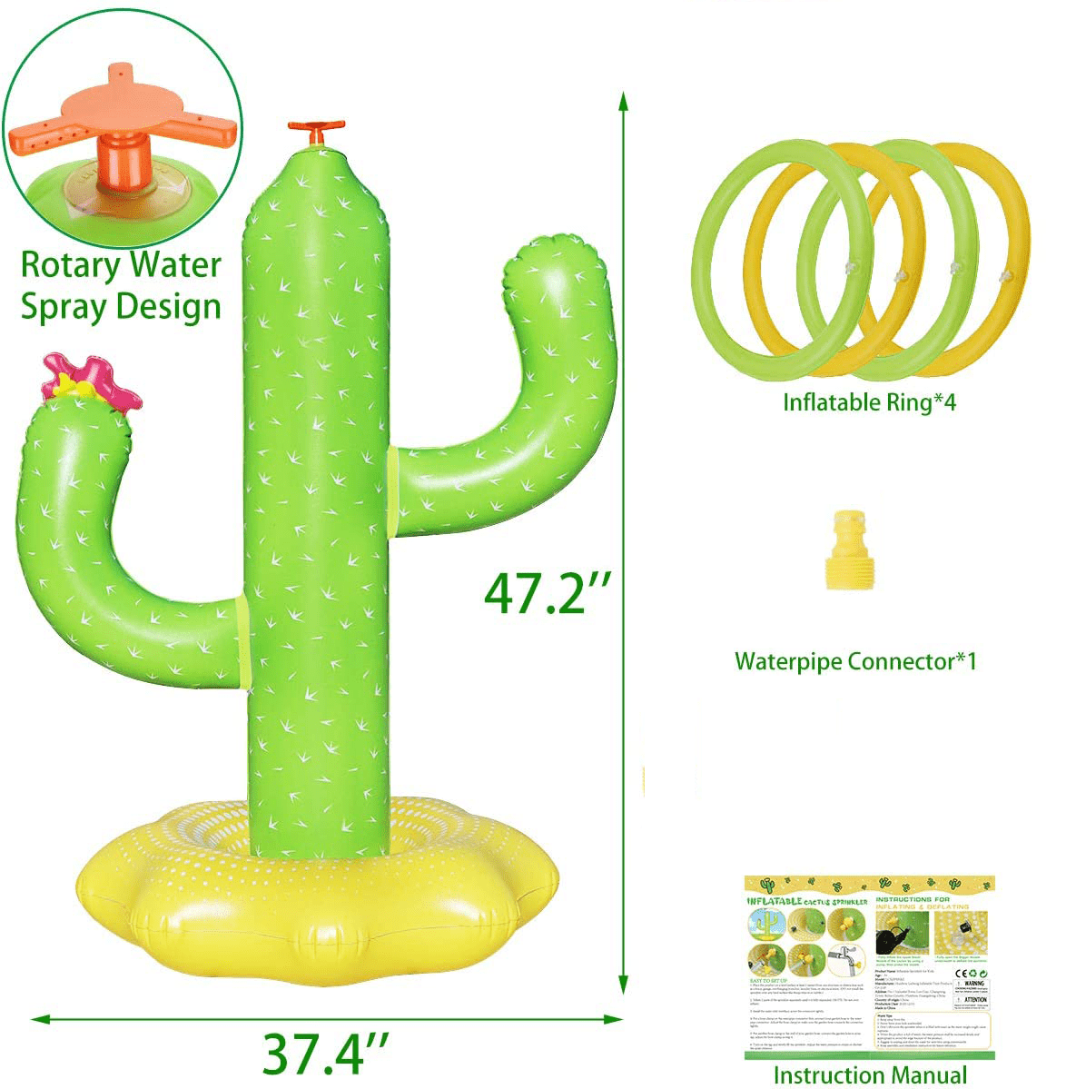 Cactus Sprinkler for Kids, Inflatable 3 Toy Water and 4 Girls, for Summer Years U Sprinkler 5 Toys Boys Outdoor Fun Backyard Rings, for Water Ages Gifts 6 Cactus 4 Spray Children Game with
