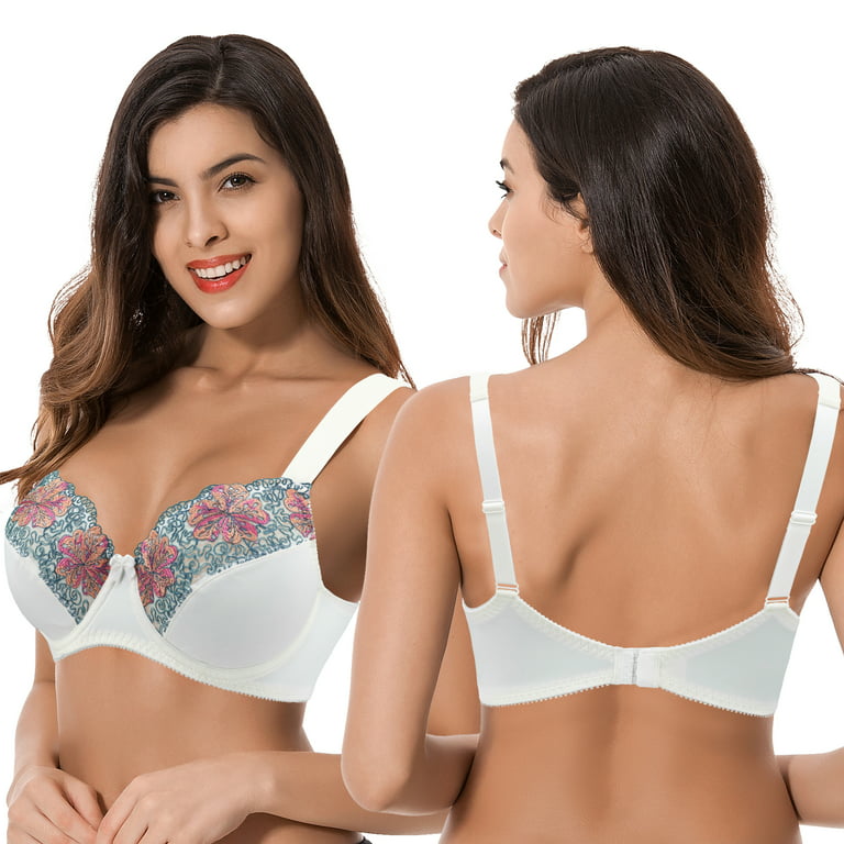 Curve Muse Womens Plus Size Minimizer Underwire Unlined Bra with Embroidery  Lace-2Pack-BUTTERMILK,ORCHID TINT-42B