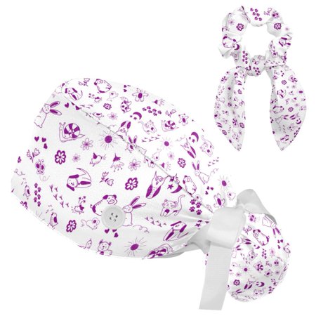 

Working Cap with Buttons and Sweatband Scrub Hat Bouffant Caps with Scrunchie Cute Animals Tie Back Hats