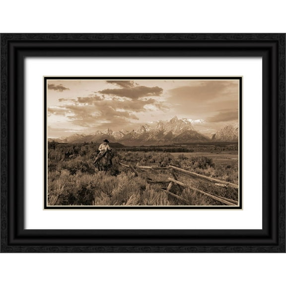 Dawson, Robert 14x11 Black Ornate Wood Framed with Double Matting Museum Art Print Titled - Ridin Fences I   sepia