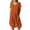 thumbnail image 1 of T-Shirts d'Été à Manches Courtes en Coton et Lin pour Femmes, Col Rond, Robe Tunique Décontractée Unie avec Poches, 1 of 7