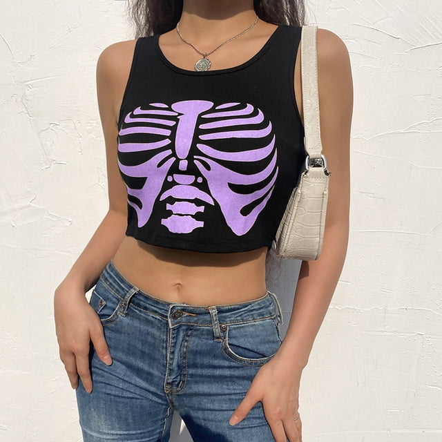 Mialoley Women's Rib Knit Tank Tops, Sleeveless Skeleton Print Crop Tops