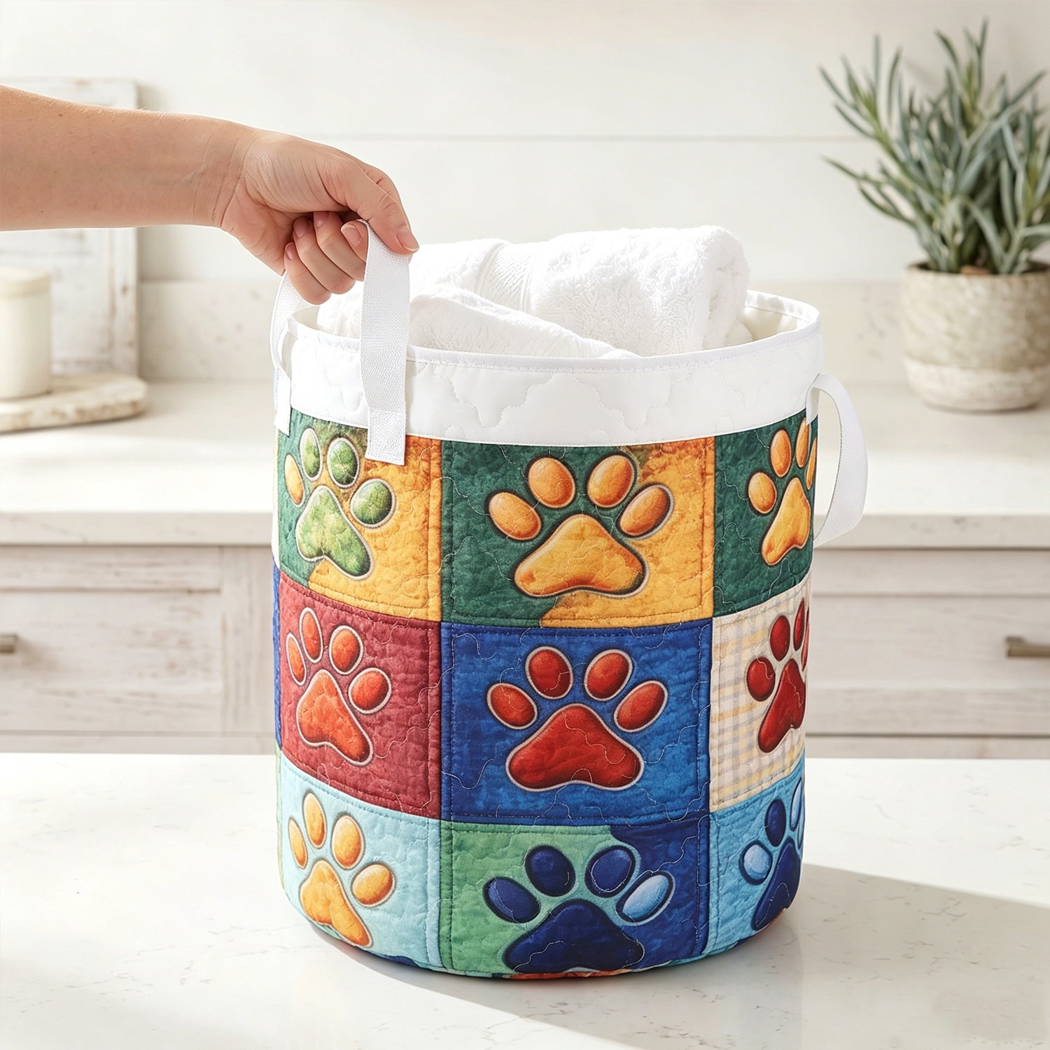 Yucurem Boho Fabric Floral Storage Hamper with Handle, Quilted Laundry Basket for Nursery Bedroom Laundry Room Clothes Toys (Big Dog Paw)