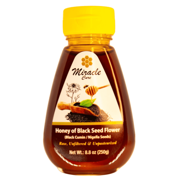 Miracle Cure Black Seed Honey - Not Mixed with Oil or Powder - Immune Booster - 100% Natural Raw Honey - Squeezable Bottle 250g / 8.8o