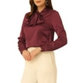 thumbnail image 4 of INSPIRAR CHIC Blusa de satén de manga larga con cuello de lazo para mujer en color burdeos, 4 of 5