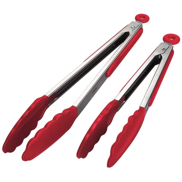Pinzas de Cocina Profesionales, Utensilios de Cocina en Acero Inoxidable y Silicona de Grado Alimenticio, Pinzas de Cocina Resistentes al Calor (Juego de 2/Rojo) JM