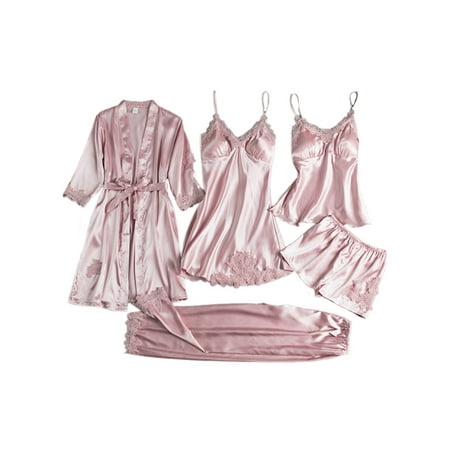 

Rejlun Womens 5pcs Sleepwear Satin Silk Pajamas Set Sexy Cami Dress Tops Shorts Pants and Kimono Robes Pj Set Pink 3XL