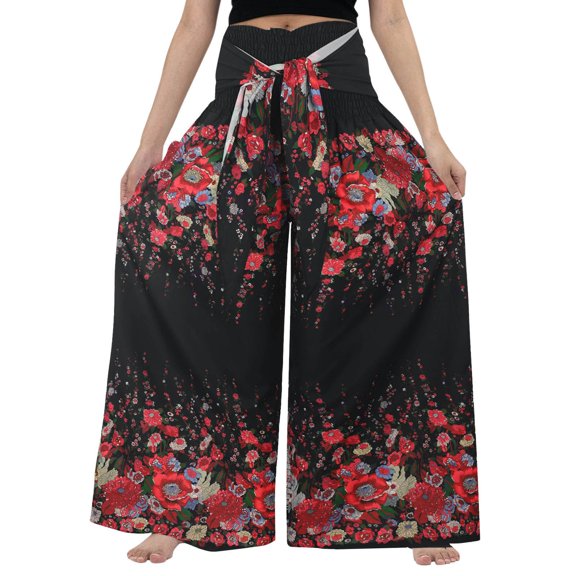 Fimkaul Wide Leg Pants for Women Yoga Pants Casual Loose Plus Size Vintage Print Boho Stretchy Fold Over High Waist Lounge With Pockets Workout Pants Sweatpants Black L