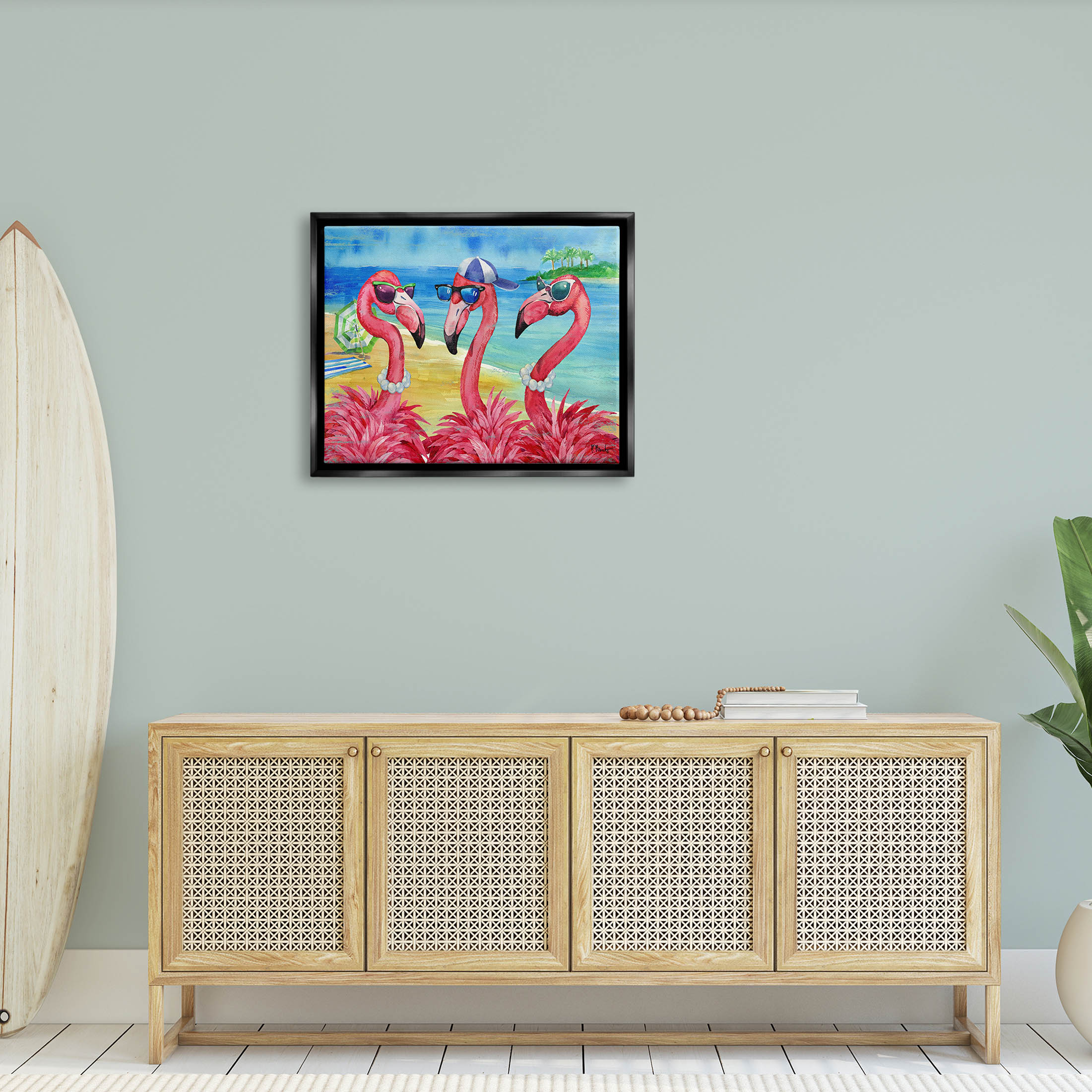 Stupell Industries Flamingo Friends Tropical Island Coast Graphic Art Jet Black Floating Framed Canvas Print Wall Art, Design by Paul Brent