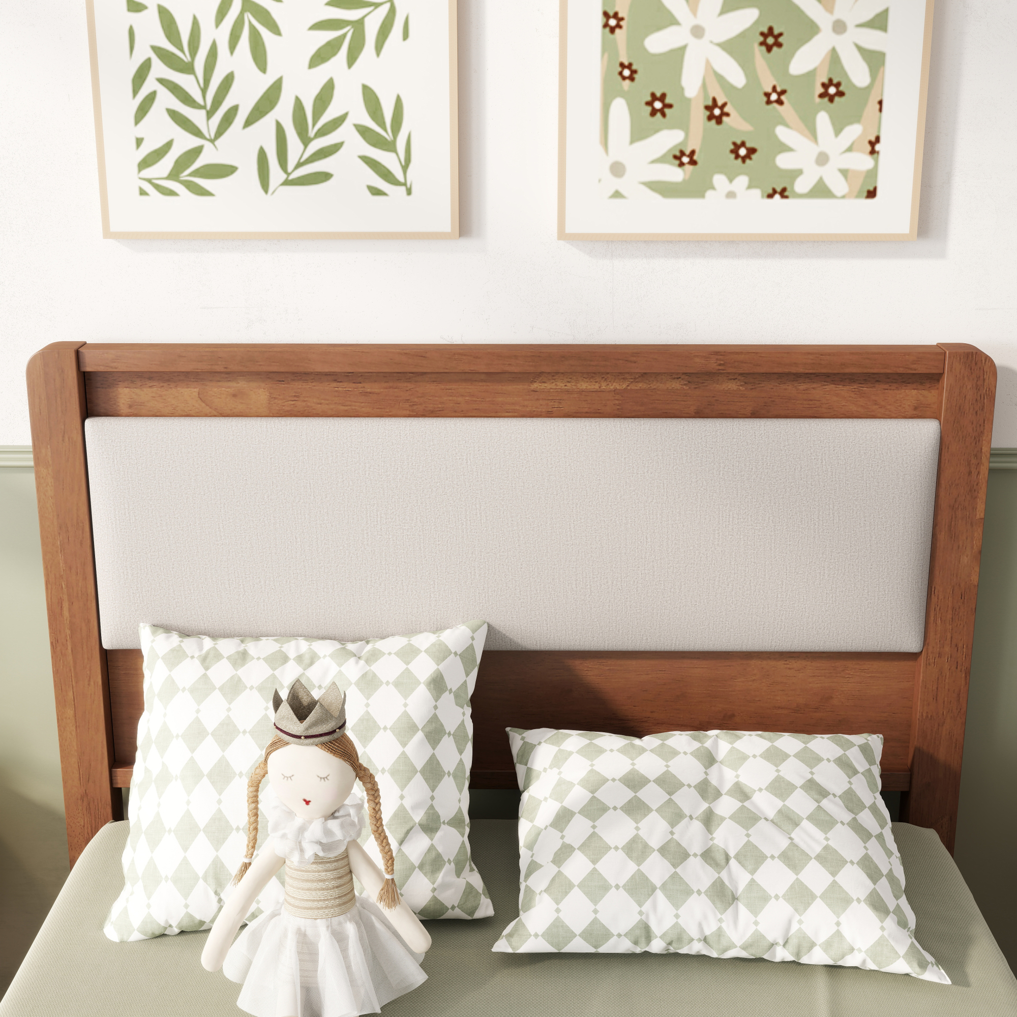 HOQBN Twin XL Solid Rubberwood Bed Frame with Upholstered Headboard, Reinforced Central Support Legs for Bedroom Brown