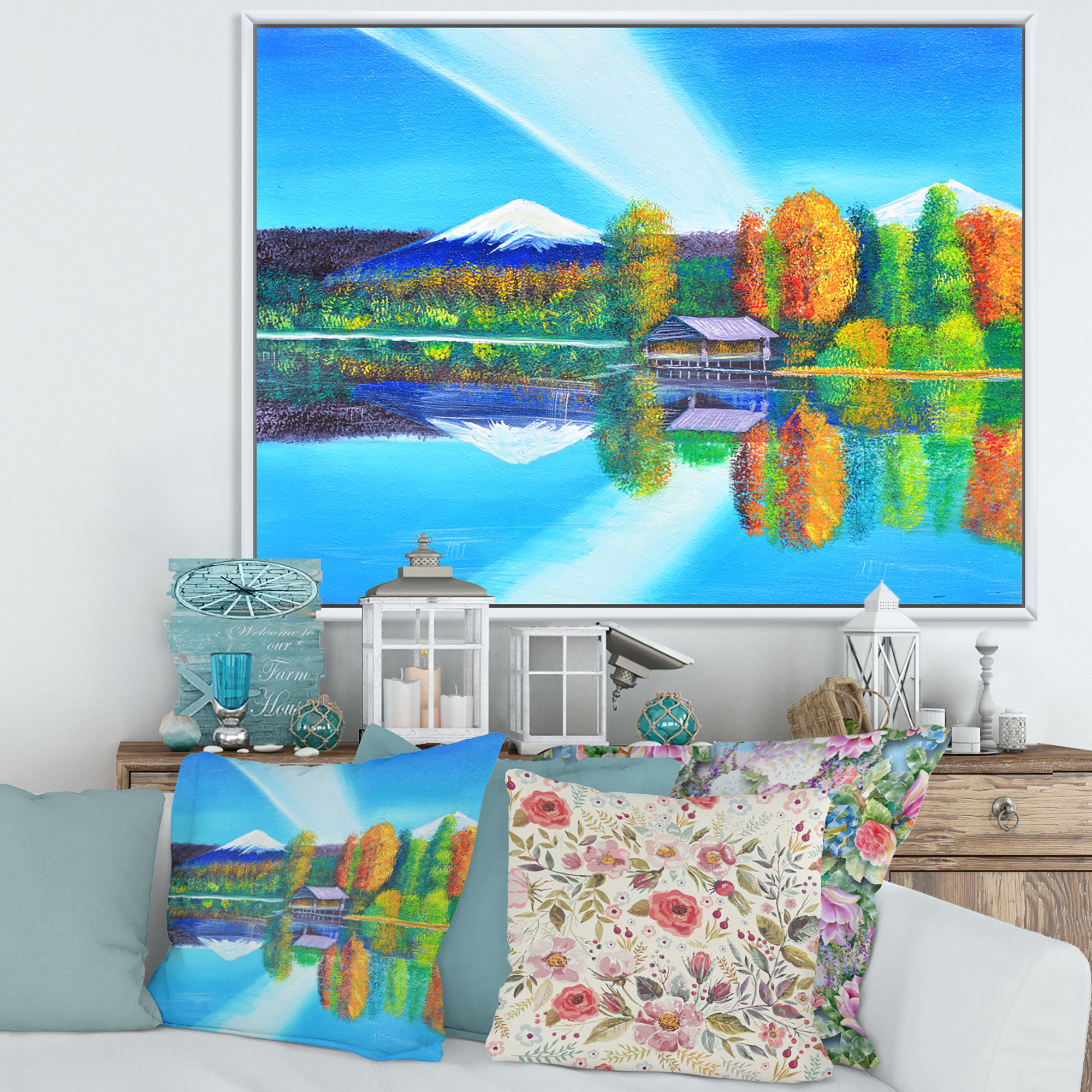 Designart 'Reflection Of Mountain and Sky On The Lake Water' Nautical & Coastal Framed Canvas Wall Art Print