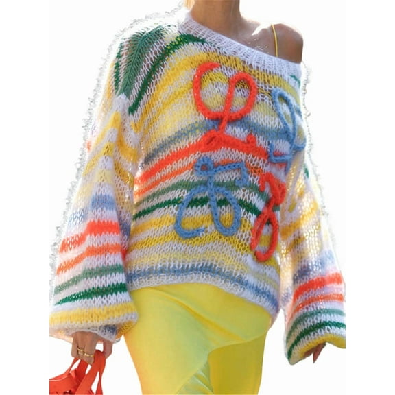 Womens Long Sleeve Sweater Autumn Color Block Going Out Crew Neck Knit Trendy Casual Tops Color L