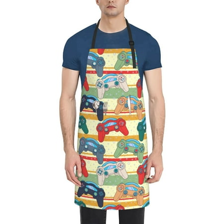 

Vsdgher Retro With Joysticks Waterproof Apron with 2 Pockets Kitchen Chef Aprons Bibs for Grooming Cooking Baking Painting Gardening