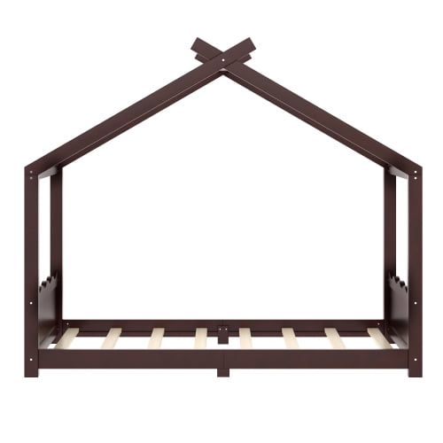Twin Size House Floor Bed with Roof, Floor Bed with Slats Support, Low Profile House Bed with Headboard & Footboard, Twin Size Platform Bed, Espresso
