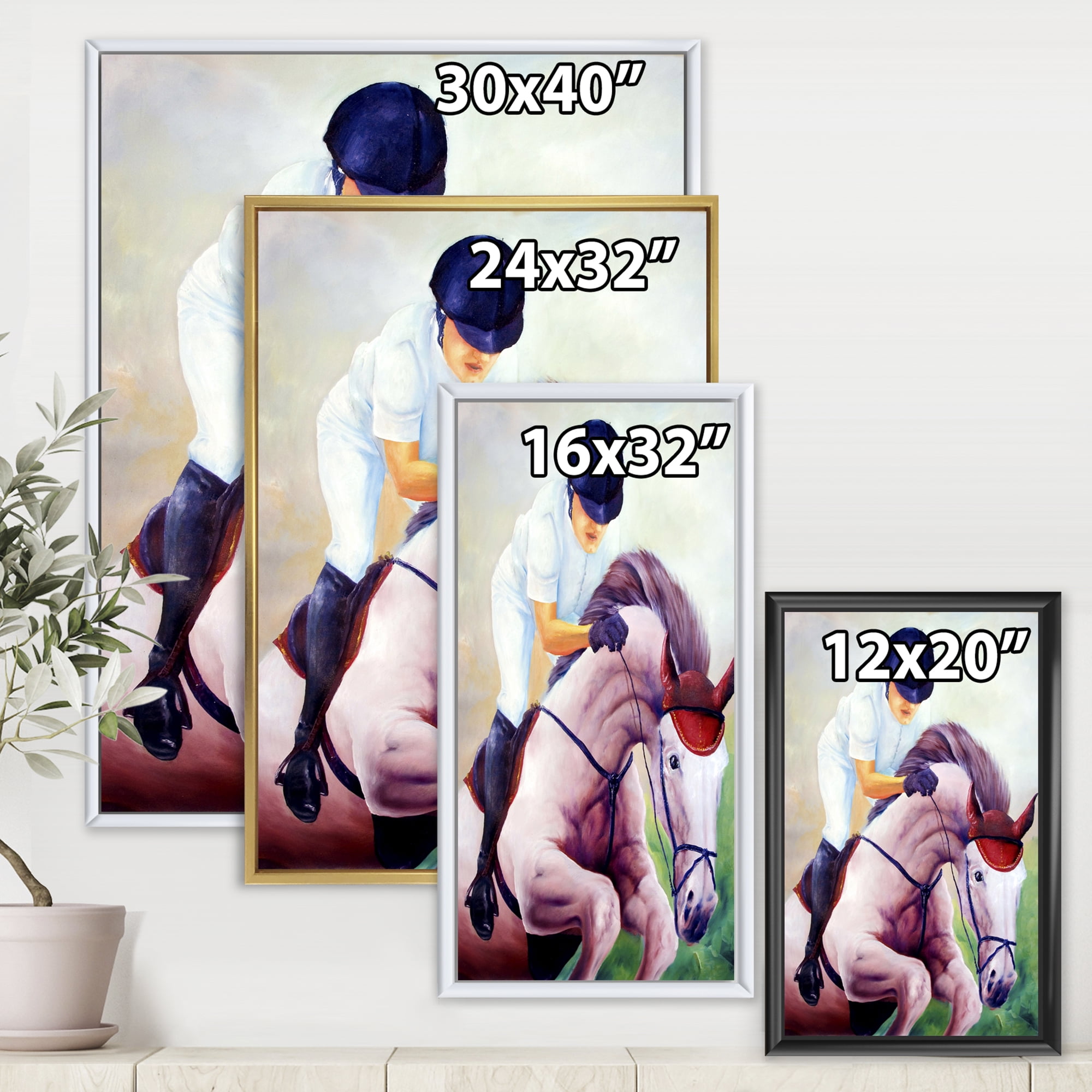 Designart 'Jockey On Galoping Pink Horse' Farmhouse Framed Canvas Wall Art Print