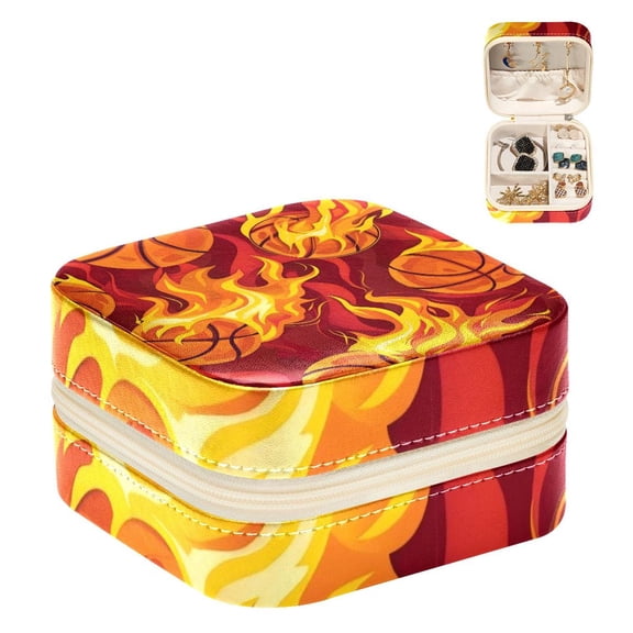 PhooArto Small Jewellery Box, Cool Fire Basketball Pattern Portable Travel Mini Jewelry Case for Women Leather Ring Organizer