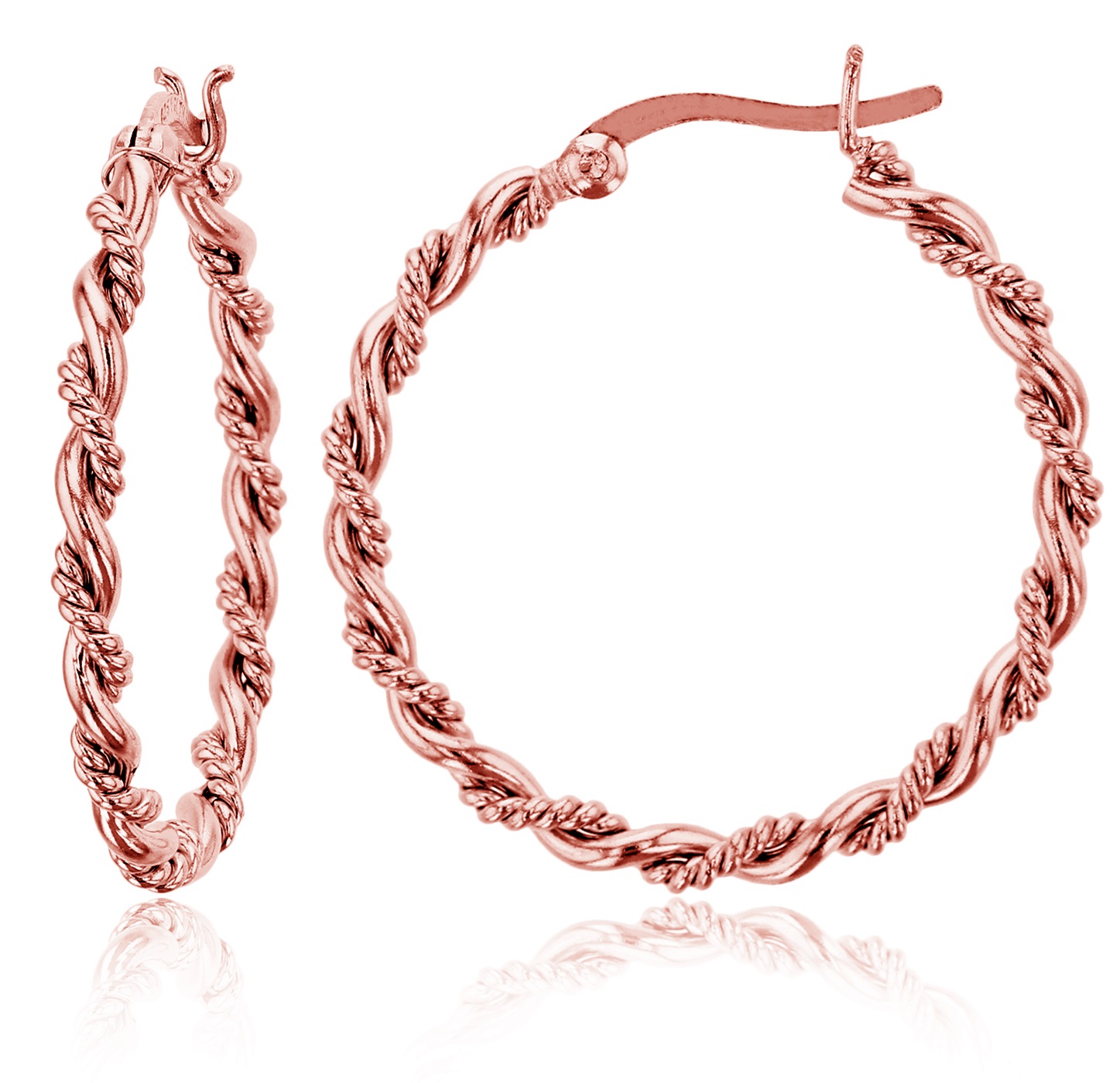 Rose Gold Polished Twisted Hoop Earrings for Women 2x30mm Round Hoop