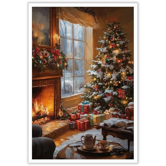 Vintage Rustic Christmas Tree Celebrate Whimsical Holiday Posters Colorful Room Aesthetics Canvas Wall Art Fireplace Scene Prints Painting For Home Bedroom Dorm Wall Decor Perfect holiday gift