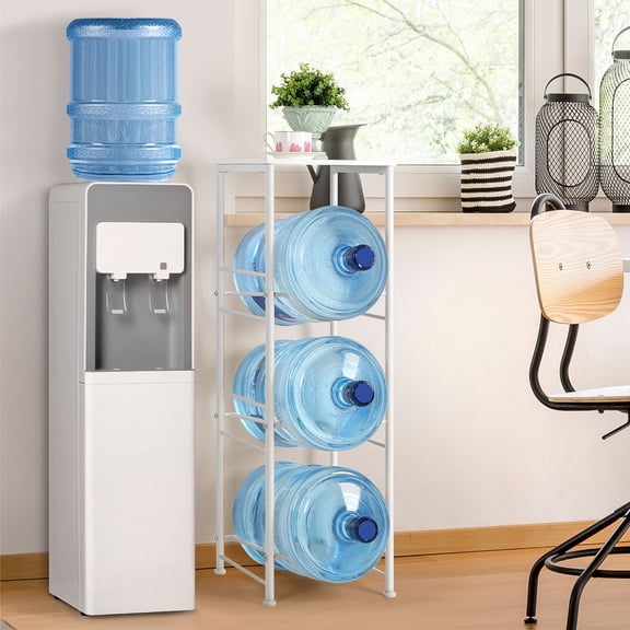 5 Gallon Water Bottle Holder 3-Tier, Heavy Duty Water Jug Stand Rack with Top Shelf, White MDF & Metal Dispenser Organizer for Kitchen, Office, Living Room