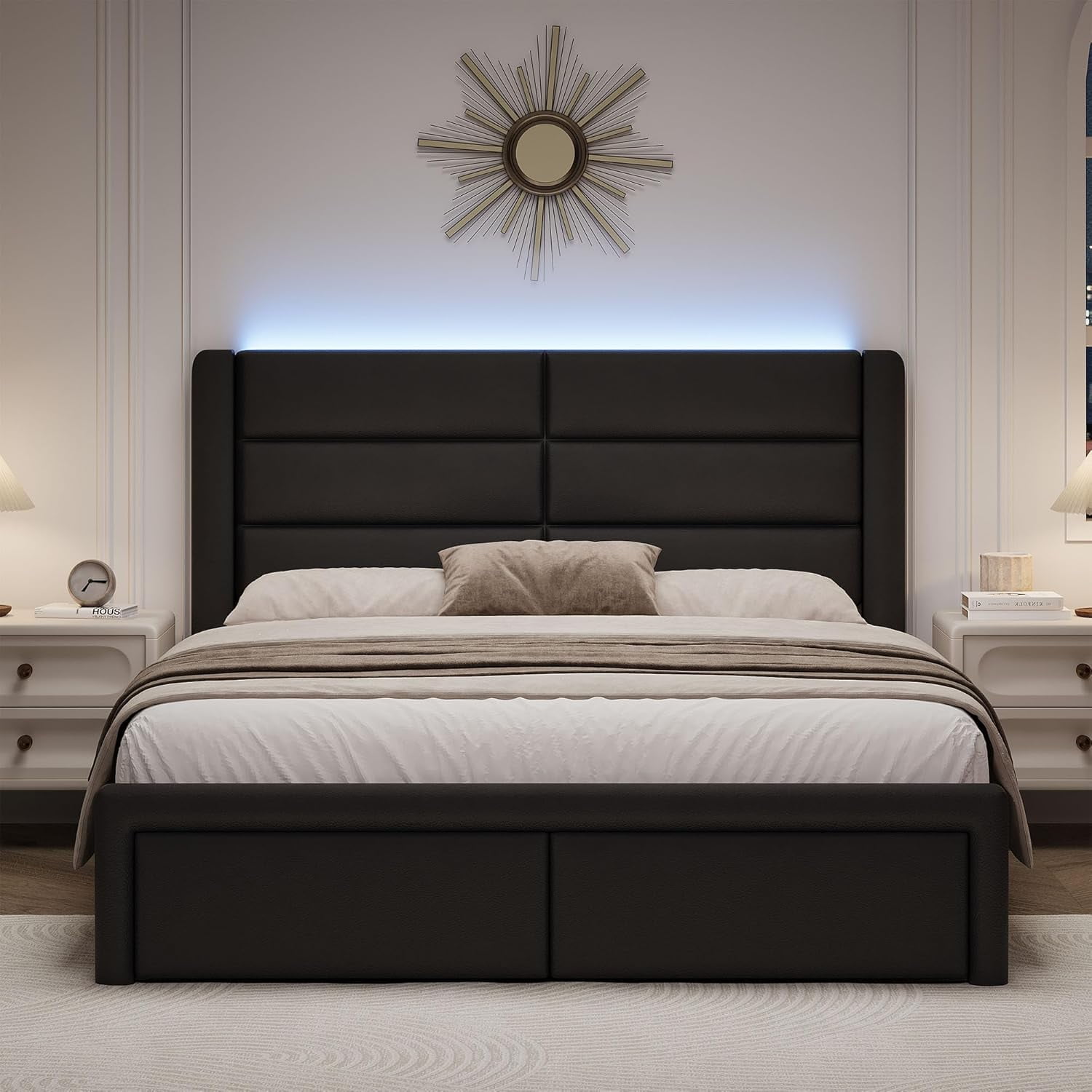 4 EVER WINNER Twin Bed Frame with LED Light, Modern Upholstered Platform Bed Frame Headboard and Footboard, Black Twin Size Bed Frame, Black