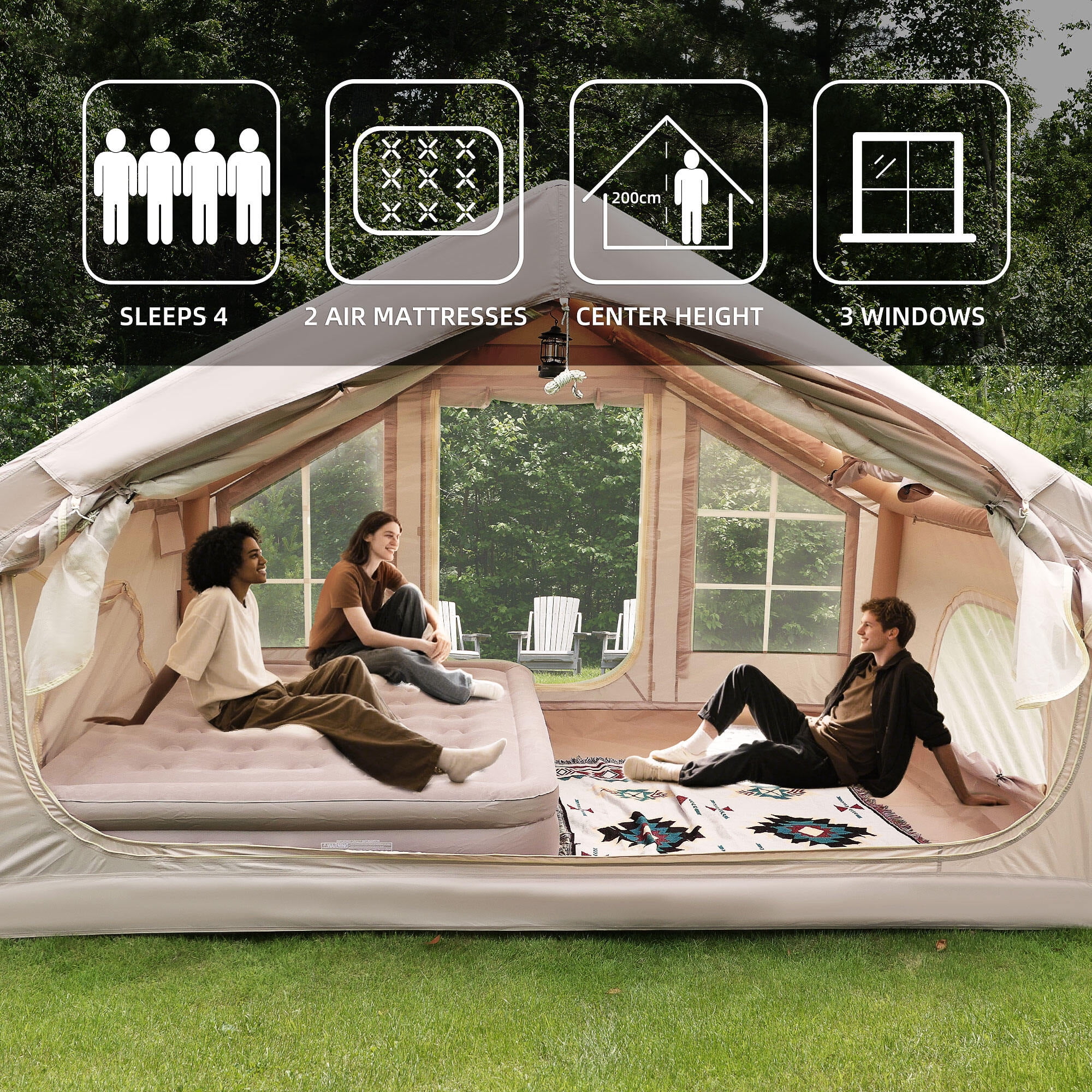 Camping Tents 6.3m ² Inflatable Camping Tent with canopy , 4 Season Waterproof Windproof, Clear Skylight & 420D Oxford Waterproof, Air Tent with Mesh Windows/Doors,Pop Up Tent