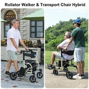 WalkMate 2 in 1 Rollator Transport Chair, 10'' Wheels Medical Rollator for Seniors with Paded Seat Backrest, Adjustable Handle and Detachable Footrests, Gold