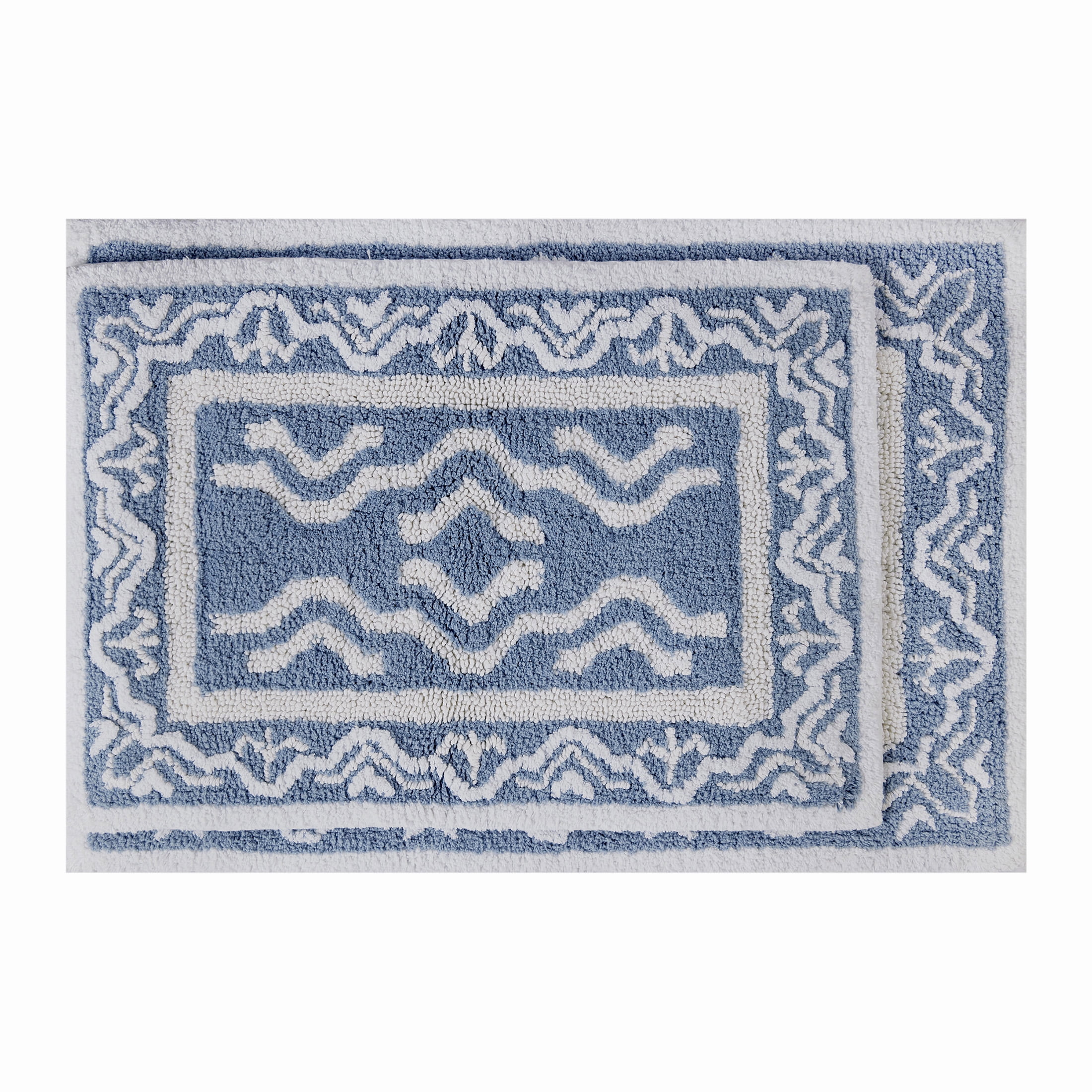 Better Homes & Gardens Dagali Oushak Bath 2 Piece Bath Rug Set, Blue Silver & Arctic White, 17" x 24" & 20" x 30"