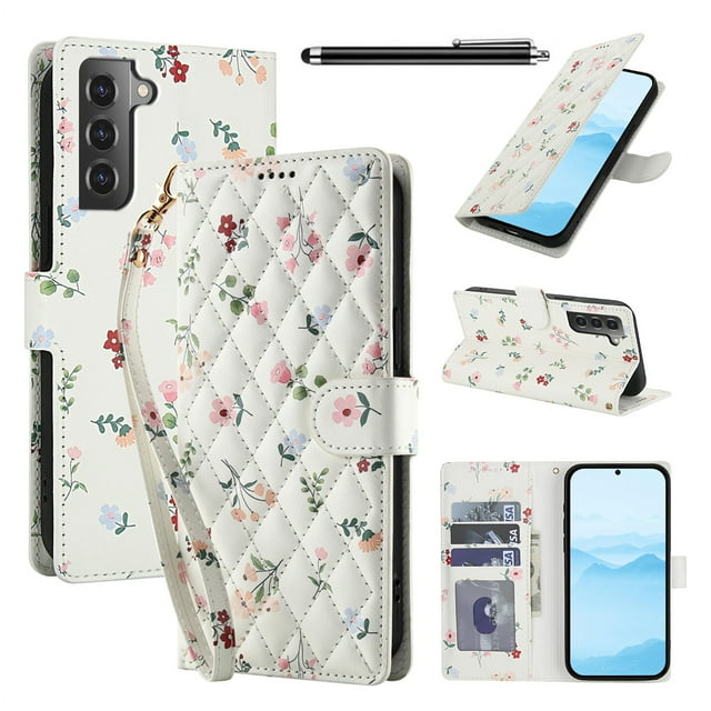Wallet Case for Samsung Galaxy S21FE , PU Leather Phone Cover Kickstand RFID Blocking Flip Case Card Slots Wrist Strap Relief Engraved Pattern Magnetic With Stylus Pen, Pink Flower