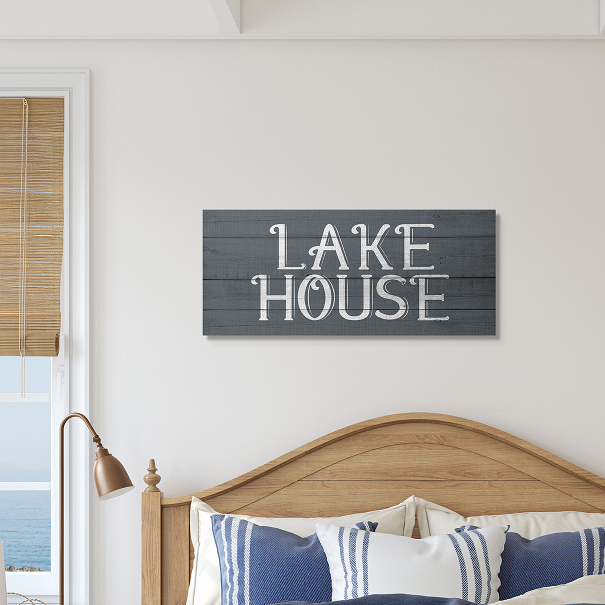 Stupell Industries Lake House Sign Blue White Planked Look Nature Painting Gallery Wrapped Canvas Art Print Wall Art, 10 x 24