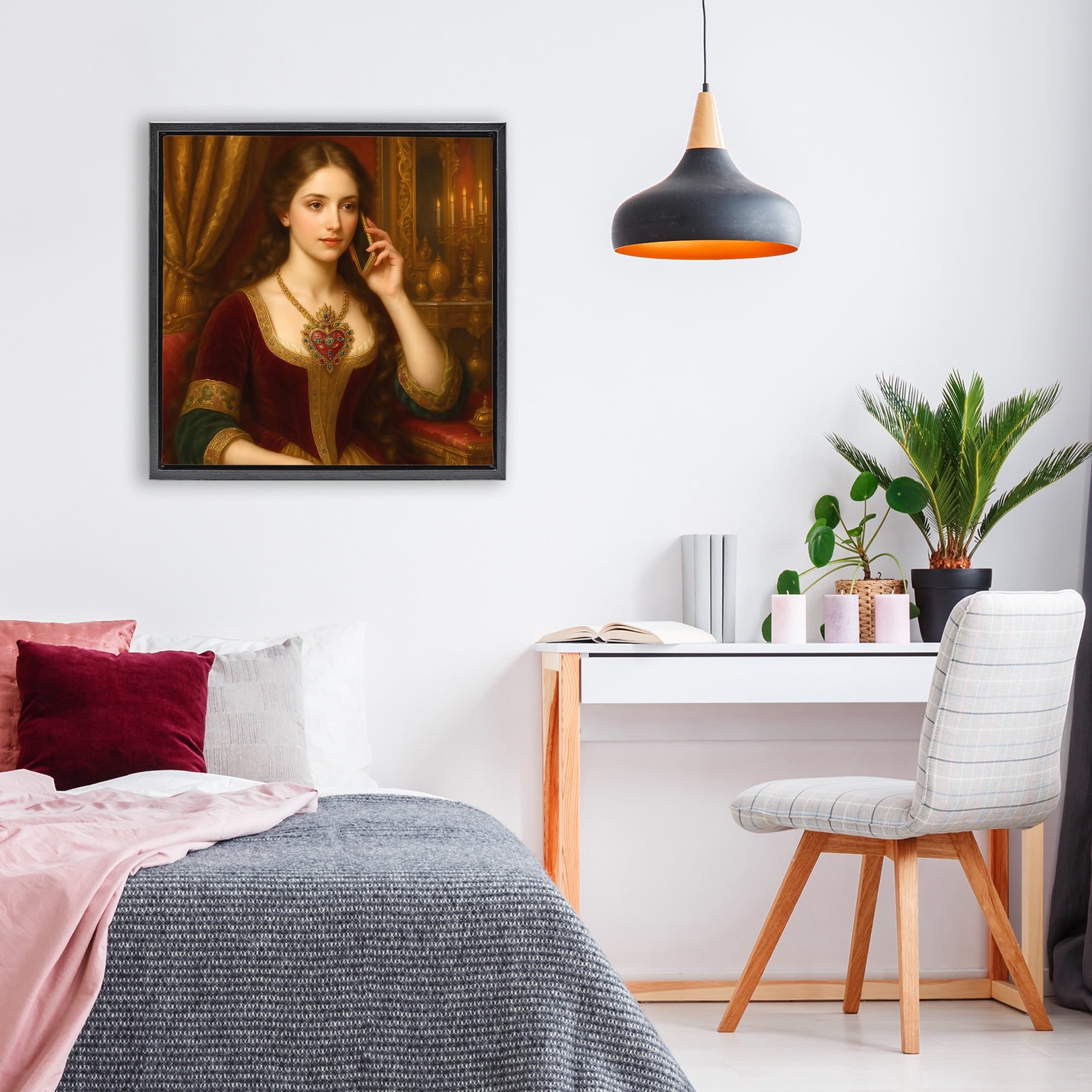 Stupell Industries Rococo Woman with Cell Phone Black Framed Floater Canvas Wall Art, design by Grotto Studios