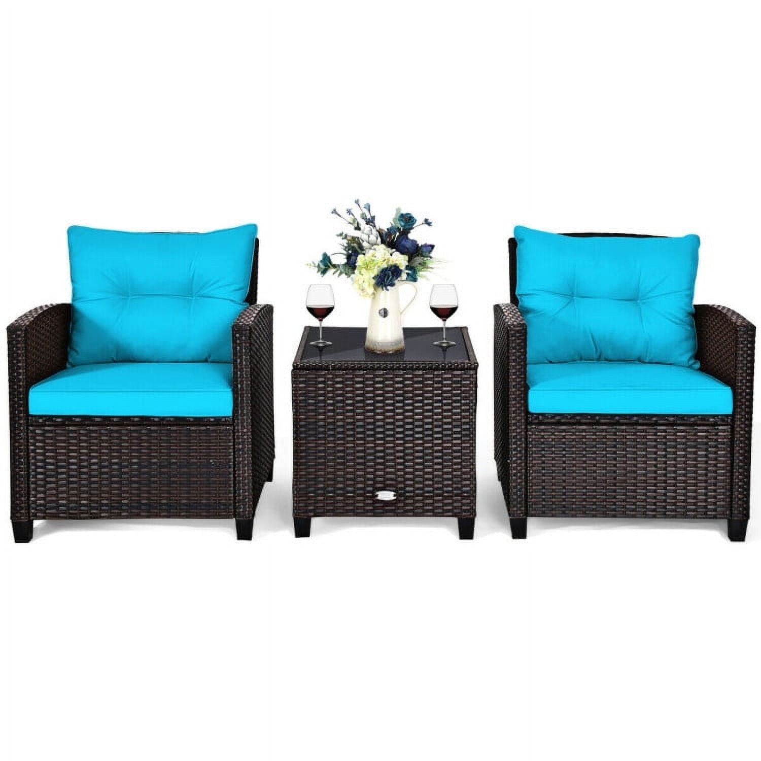 Aimee Lii 3 Pieces Wicker Patio Furniture Set, Coffee Table Cushioned Sofa, Modern Patio Furniture, Turquoise Aimee Lii 3 Pieces Wicker Patio Furniture Set, Coffee Table Cushioned Sofa, Modern Patio Furniture, Turquoise