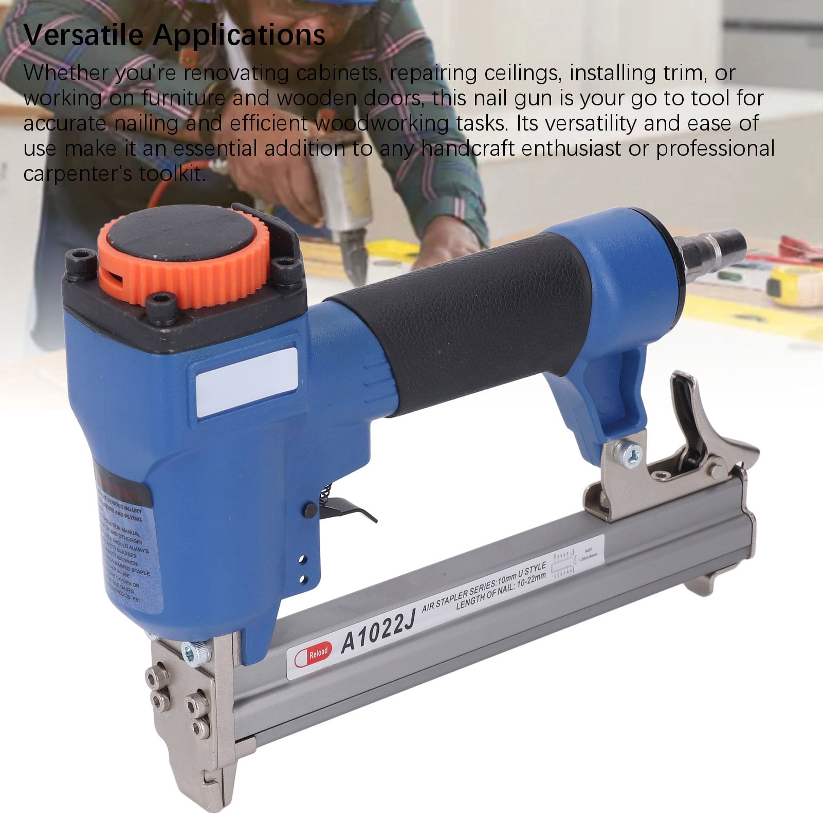 BIMZUC Pneumatic Brad Nailer A1022J Ergonomic 10-22mm Air Nail Gun 100pcs Capacity for Woodworking Upholstery DIY 9.45 inches / 24 cm