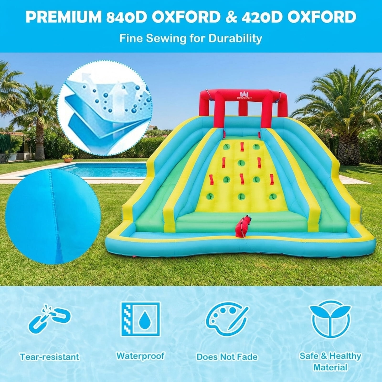 Redsmile Inflatable Water Park Bounce House with Double Slide and Climbing Wall with 735W Blower - Multicolor