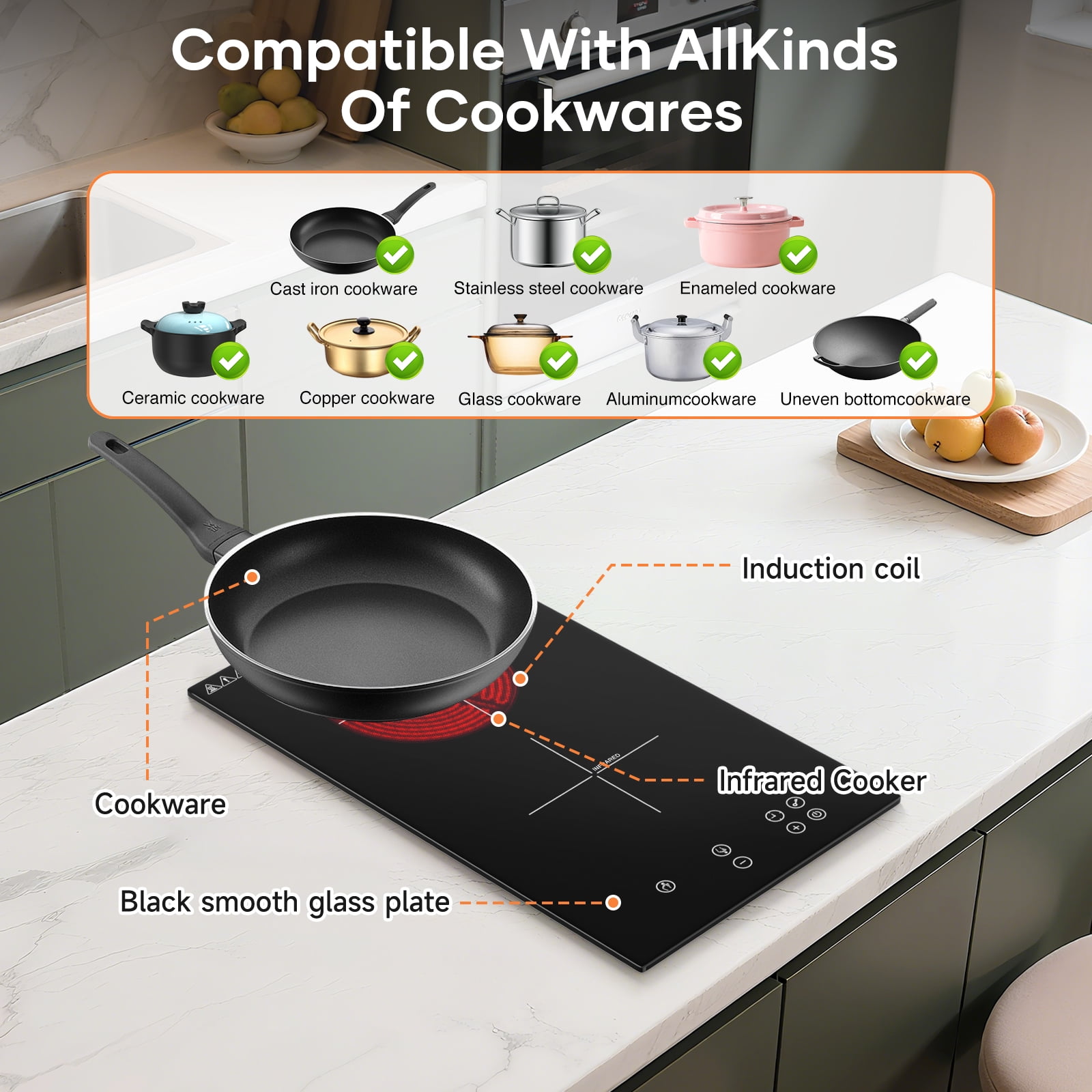 VoltCuisine Induction Cooktop 2 Burner, Shatter-proof Flat Glass Top, 9 Heat Settings, LED Touch Display with Child Safety Lock & Overheat Protection