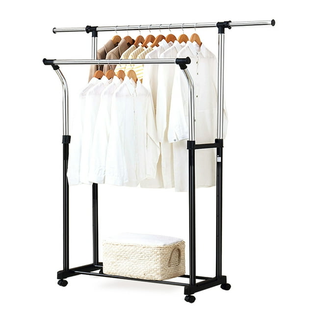 Zootealy HOME ORGANIZER Removable Double Rail Garment Rack Rolling Laundry Drying Rack Clothes Holder Storage Organizer with Bottom Shelf Adjustable Height Length for Home Bedroom