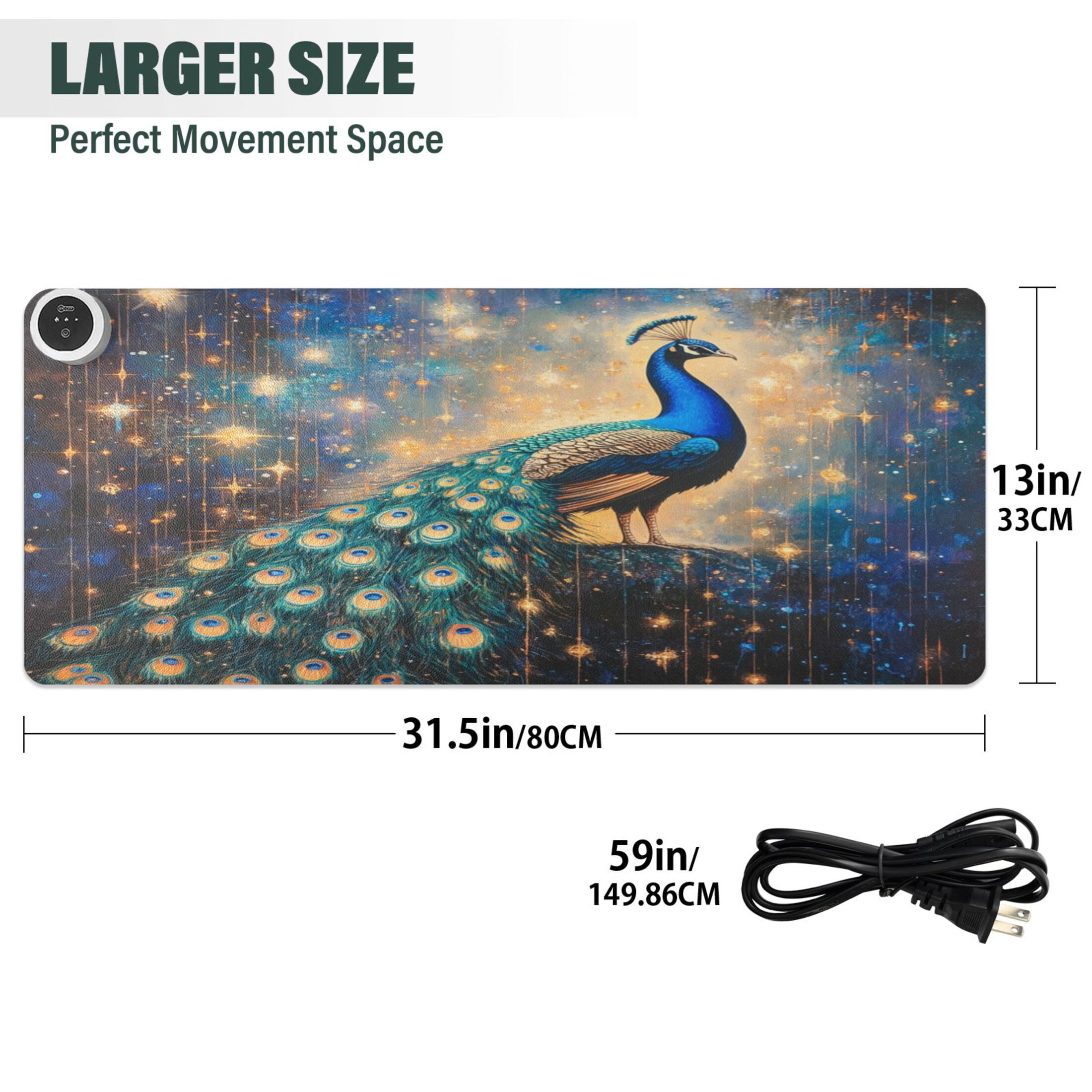 Wobogo Starry Peacock Heated Mouse Pad Extra-Large Desk Mat With 3 Heating Levels and 3-hour Auto Shut-Off Protection Ideal for Computer Keyboards Home Office Hand-warming Essential 31.5in × 13in