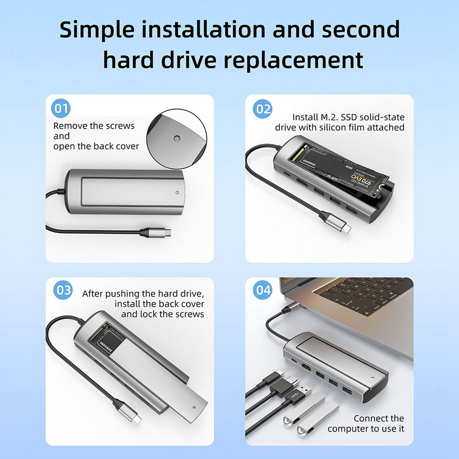 6-In-1 M.2 SSD HUB USB C Docking Station with Disk Storage USB 3.0 Type C to Compatible- Laptop for Laptops