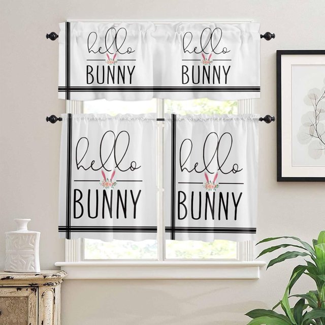 Easter 3 PCS Kitchen Curtain Valance and Tiers Set, Rod Pocket Small Half Tier Valances Window Curtains Panel, Pink Easter Bunny Ear Spring Floral Black Stripes 55"x24" (Set of 2 Tiers & Valance)