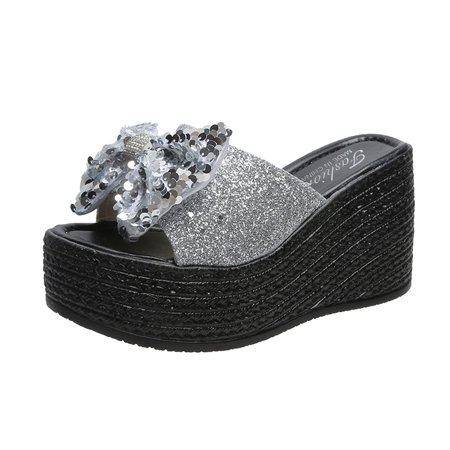 

Slippers For Women Ladies Fashion Sequined Fish Mouth Platform Wedge Casual Sandals Slippers Pu Silver 37