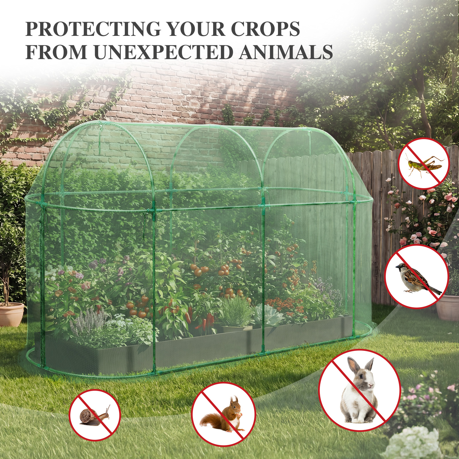 BPS 10x3.3x5 FT Crop Cage, Garden Plant Protection Netting Tent with Zippered Door, Green