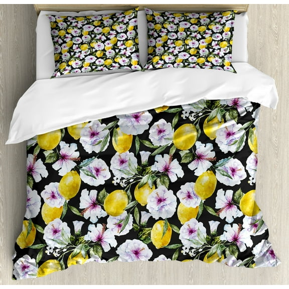 Floral Duvet Cover Set, Tropical Hibiscus Blossoms Petals with Lemons Nature Harvest Spring Essence Image, Decorative 3 Piece Bedding Set with 2 Pillow Shams, King Size, Multicolor, by Ambesonne