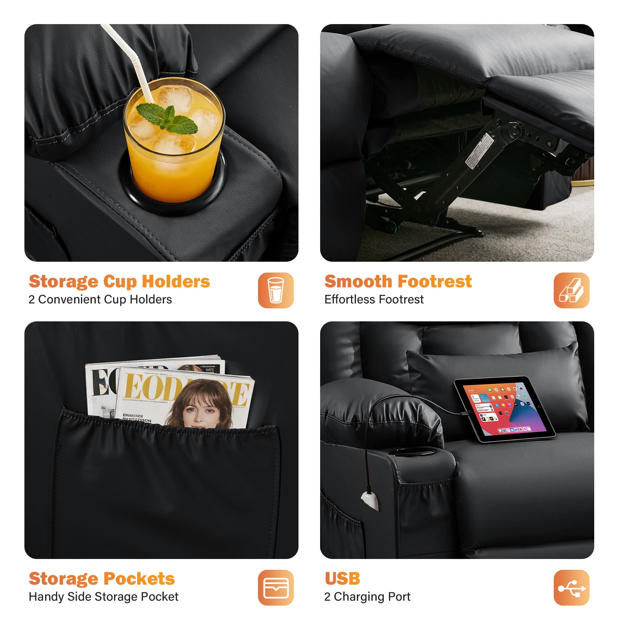 Alvantor Loveseat Recliner Sofa for Adults with Massage & Heating, Modern Leather Manual Recliner Chair with Cup Holders for Home Theater Black