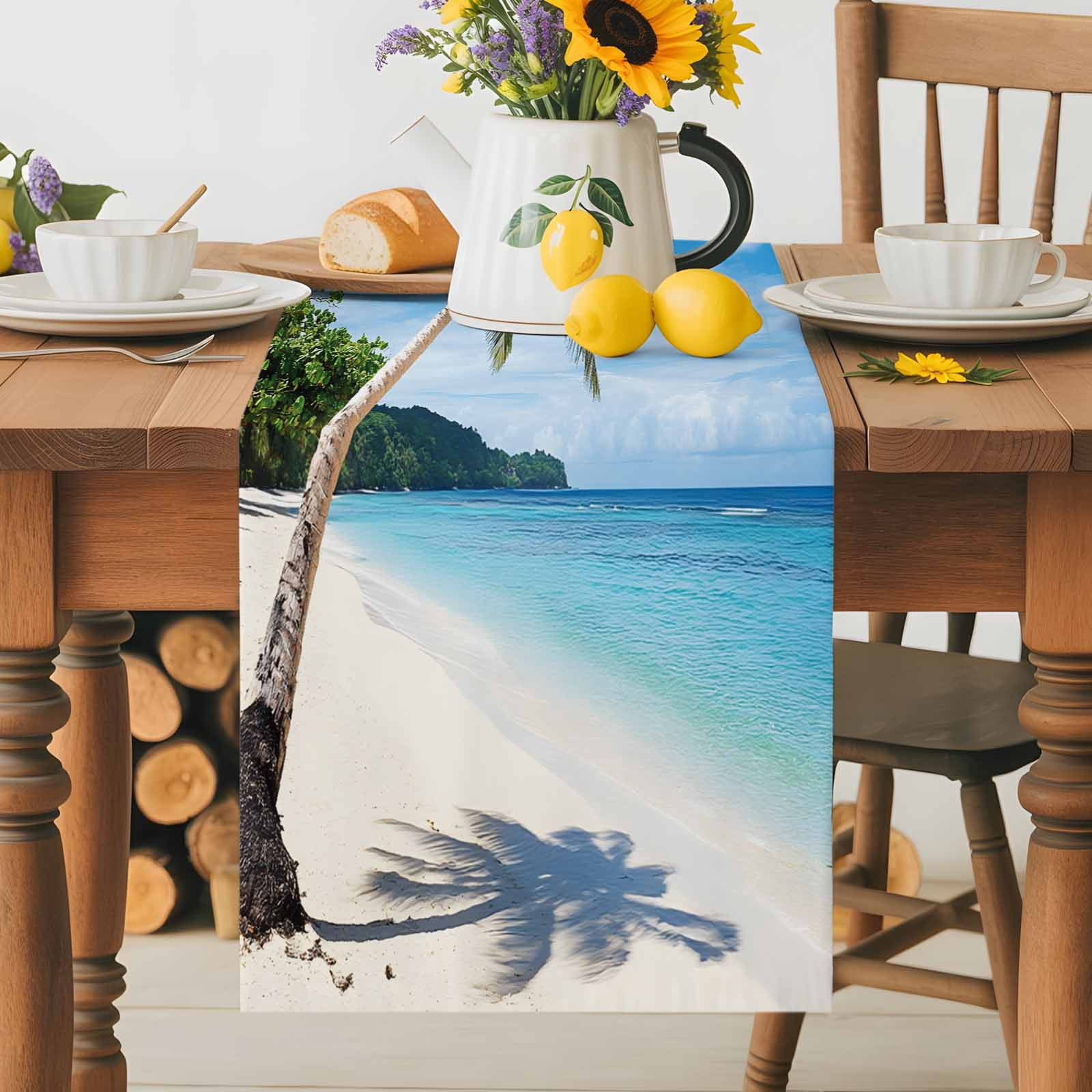 Summer Beach Coconut Tree Table Runner 90 Inches Long, Blue Ocean Sky Table Runners Tabletop Scarf Kitchen Dining Tables Decoration for Home Party Indoor Outdoor