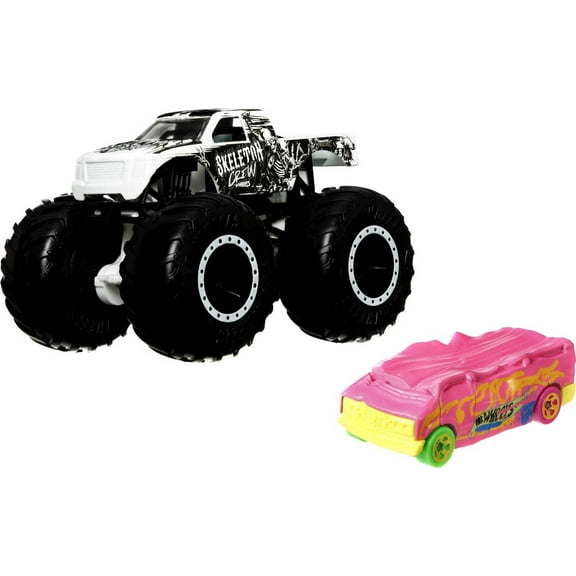 Hot Wheels Monster Trucks 1:64 Scale Vehicles 2 Pack; 1 Die-Cast Truck & 1 Car