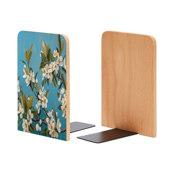 Bookends 1 Pair Non-Skid Bookend Wood Bookends for Shelves Book Stand for CDs - White Crabapple Flowers With Leaves on Turquoise Background