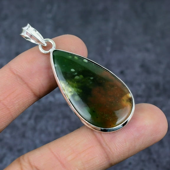 Adidev 30 Carat Blood Stone Gemstone Pear Shape Multicolor Color 925 Sterling Silver Pendant for Women