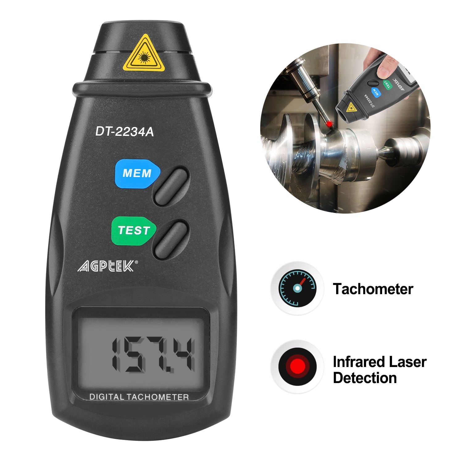 AGPTEK 20713A Digital Tachometer RPM Mete with Batteries Included,4