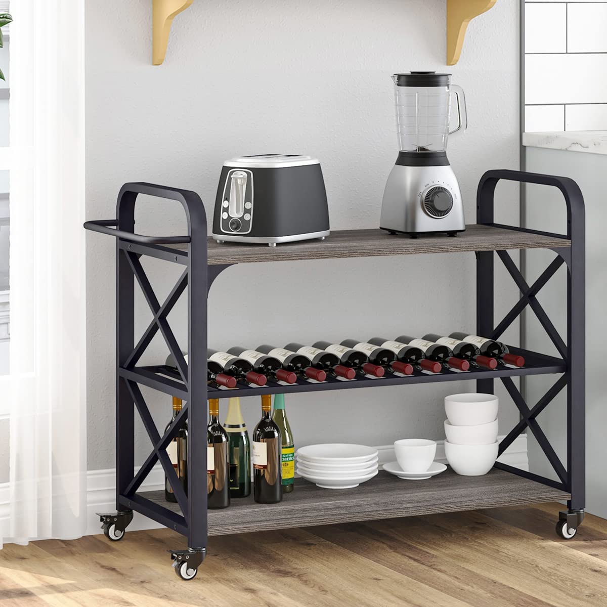 Bar Cart with Storage, 3 Tier Rolling Kitchen Island Cart with Wine